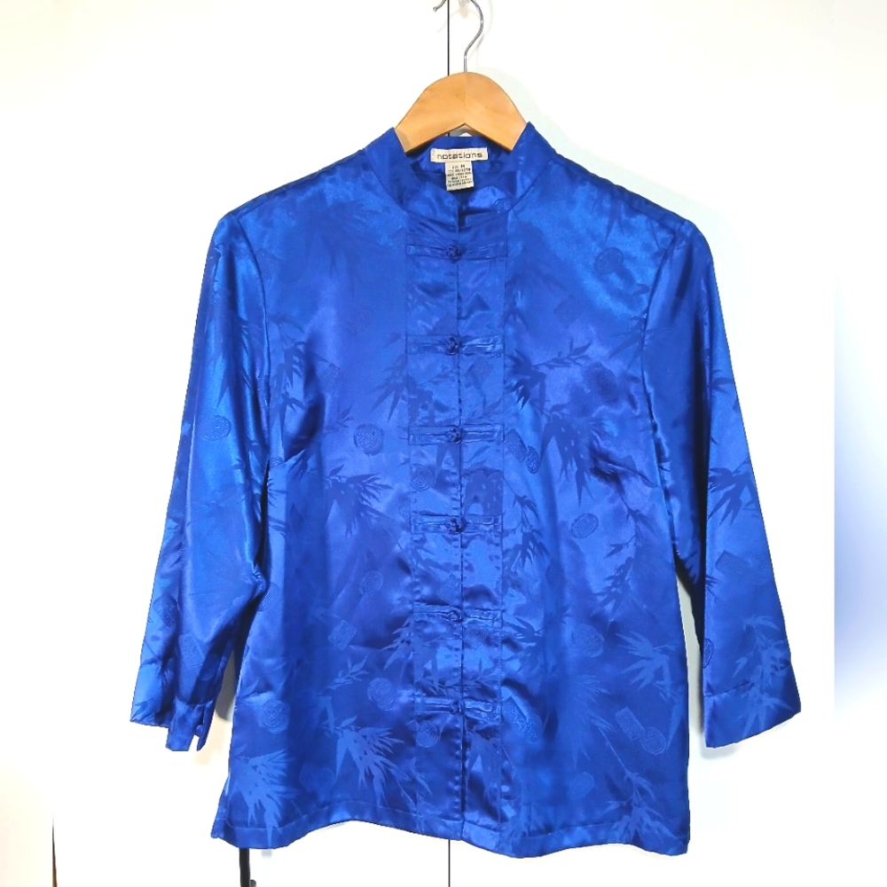 Vintage Notations Asian-Inspired Satin Blouse Women’s Med Blue Mandarin Collar